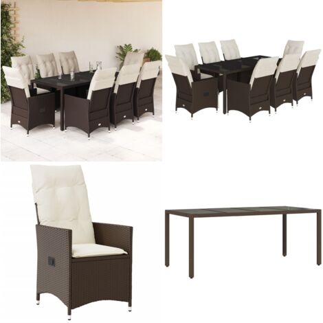 Set da Pranzo da Giardino 9pz con Cuscini Marrone in Polyrattan - Sedie da giardino reclinabili - Tavolo da giardino