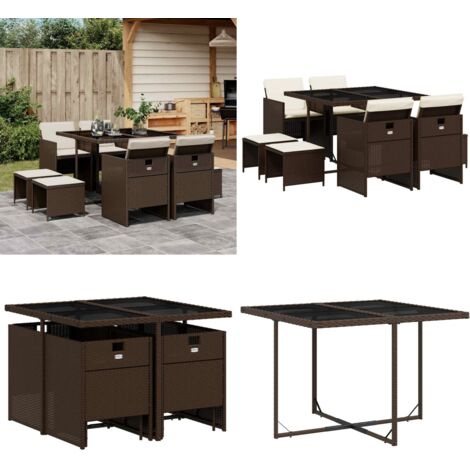 Set da Pranzo da Giardino 9pz con Cuscini Marrone in Polyrattan - Sedie da giardino - Sgabelli da giardino