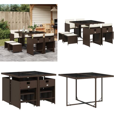Set da Pranzo da Giardino 9pz con Cuscini Marrone in Polyrattan - Sedie da giardino - Tavolo da giardino