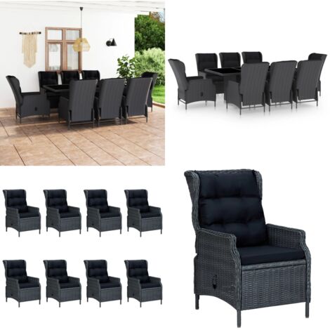 Set da Pranzo da Giardino 9pz e Cuscini Polyrattan Grigio Scuro - Sedie da giardino - Tavolo da pranzo