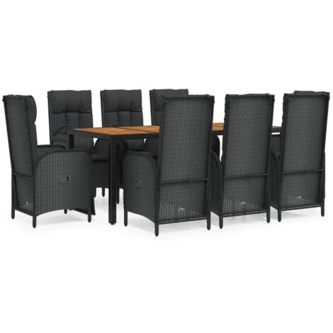 Set da pranzo da giardino da 9 pezzi con cuscini in vimini di resina nera 020014829
