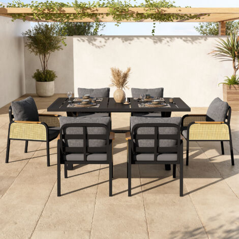 Set da pranzo da giardino in ferro nero e naturale con 1 tavolo e 6 sedie, braccioli in PE rattan e cuscini in poliestere