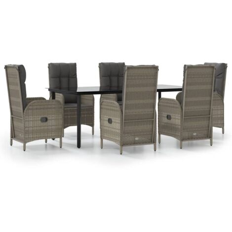 Set da pranzo da giardino in rattan nero e grigio da 7 pezzi con cuscini 020014903