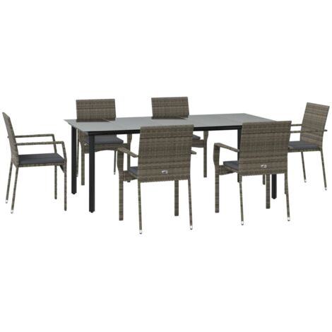 Set da pranzo da giardino in rattan nero e grigio da 7 pezzi con cuscini 020014907