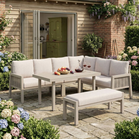 Set da pranzo da giardino, Set di mobili da esterno, 8 posti, Configurazione angolare, Ferro zincato, Piano del tavolo in vetro, Corda in PE intrecciata a mano, Include tavolo da pranzo, panche e diva