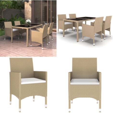Set da Pranzo Giardino 5 pz Polyrattan e Vetro Temperato Beige - Tavolo da pranzo esterno - Sedie da giardino