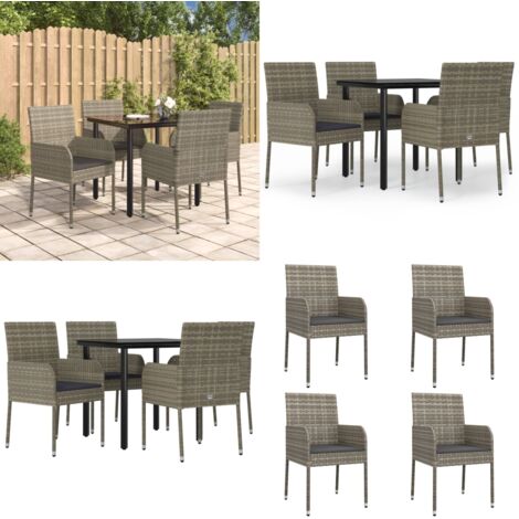 Set da Pranzo Giardino 5pz Nero e Grigio con Cuscini Polyrattan - Sedie da giardino - Tavolo da giardino