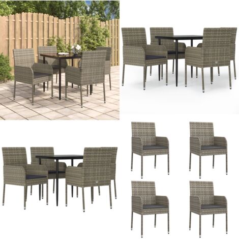 Set da Pranzo Giardino 5pz Nero e Grigio con Cuscini Polyrattan - Sedie da giardino - Tavolo da giardino