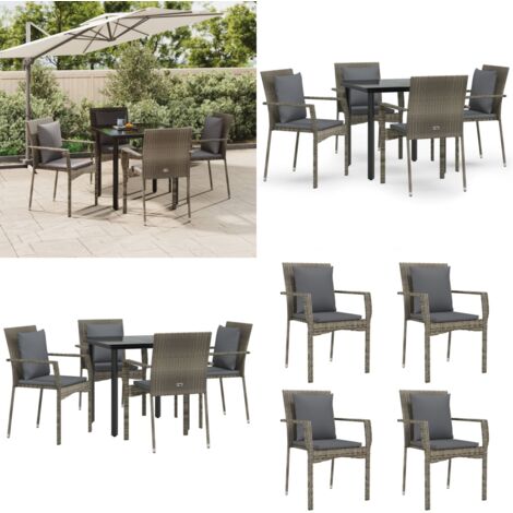 Set da Pranzo Giardino 5pz Nero e Grigio con Cuscini Polyrattan - Tavolo da giardino - Sedie da giardino