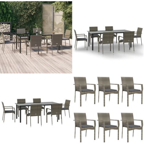 Set da Pranzo Giardino 7pz Nero e Grigio con Cuscini Polyrattan - Tavolo da giardino - Sedie da giardino