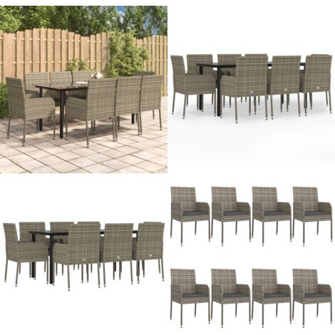 Set da Pranzo Giardino 9pz con Cuscini Nero e Grigio Polyrattan - Sedie da giardino - Tavolo da giardino