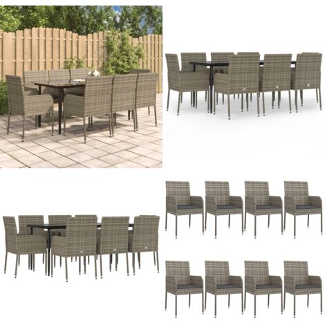 Set da Pranzo Giardino 9pz con Cuscini Nero e Grigio Polyrattan - Sedie da giardino - Tavolo da giardino