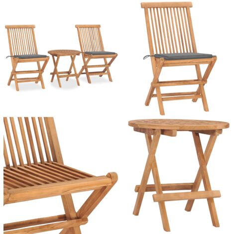 Set da Pranzo Giardino Pieghevole 3 pz Cuscino Massello di Teak - Tavolo da pranzo in legno - Sedie da giardino