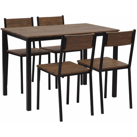 Set da Pranzo in Acciaio Marrone e Nero Piano MDF Effetto Legno 4 Sedie Hamry