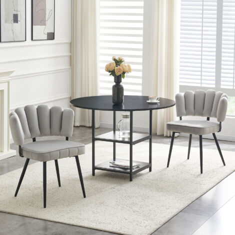 Set da pranzo MDF e metallo nero con 2 sedie in tessuto grigio chiaro, tavolo rotondo 107x107x75 cm con ripiani