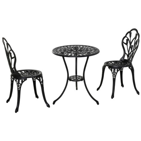 Set da pranzo per 2 persone, composto da tavolo e 2 sedie, in alluminio nero, ideale per giardino e balcone.