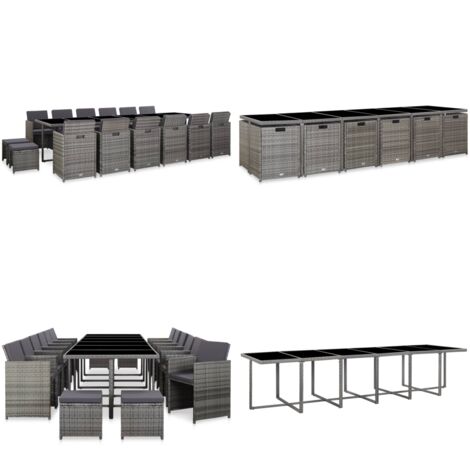 Set da Pranzo per Esterni 17 pz con Cuscini Polyrattan Grigio - Sedie in rattan - Tavolo in vetro