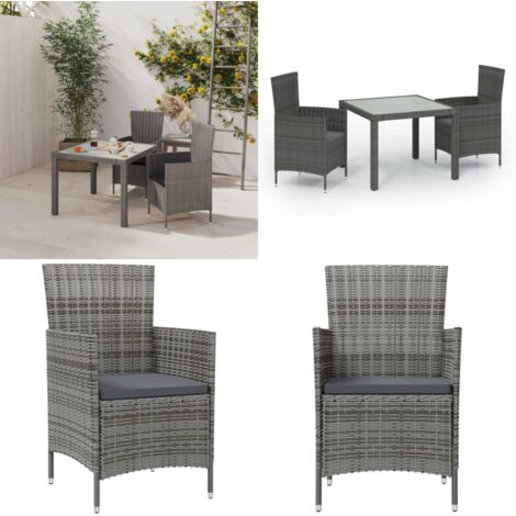 Set da Pranzo per Esterni 3 pz con Cuscini in Polyrattan Grigio - Tavolo da pranzo esterno - Sedie da giardino