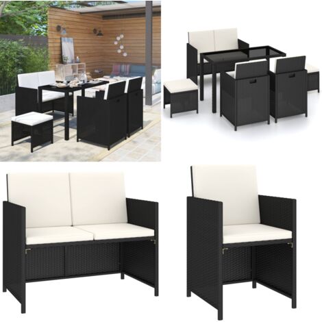 Set da Pranzo per Esterni 6 pz con Cuscini in Polyrattan Nero - Tavolo da giardino - Sedie da giardino