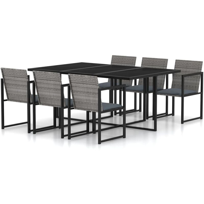 Set da Pranzo per Esterni 7 pz con Cuscini in Polyrattan Grigio