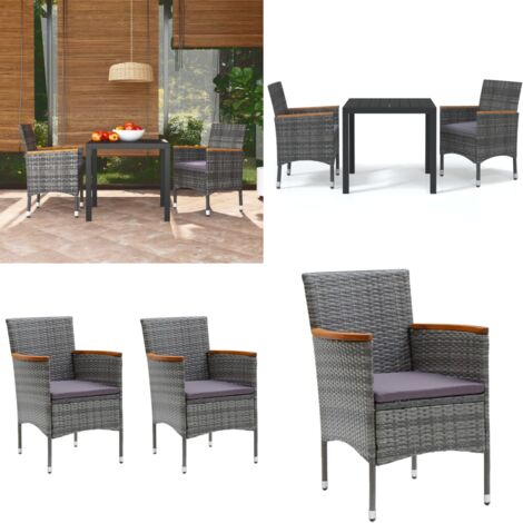 Set da Pranzo per Giardino 3 pz con Cuscini Polyrattan Grigio - Sedie da giardino - Tavolo da esterno