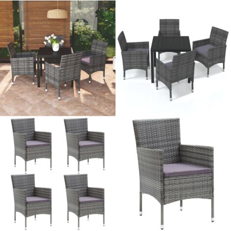Set da Pranzo per Giardino 5 pz con Cuscini Polyrattan Grigio - Sedie da giardino - Tavolo da esterno