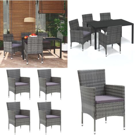 Set da Pranzo per Giardino 5 pz con Cuscini Polyrattan Grigio - Sedie da giardino - Tavolo da giardino