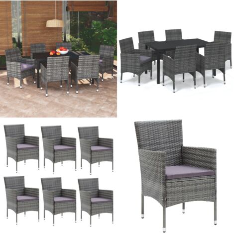 Set da Pranzo per Giardino 7 pz con Cuscini Polyrattan Grigio - Sedie da giardino - Tavolo da giardino