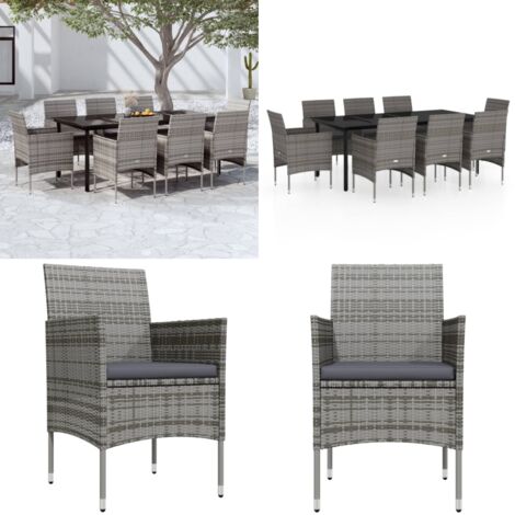 Set da Pranzo per Giardino 9 pz con Cuscini Grigio e Nero - Tavolo da giardino - Sedie da giardino