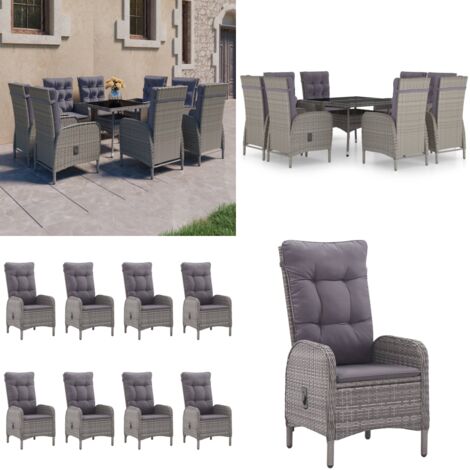 Set da Pranzo per Giardino 9 pz in Polyrattan e Vetro Grigio - Tavolo da giardino - Sedie da giardino