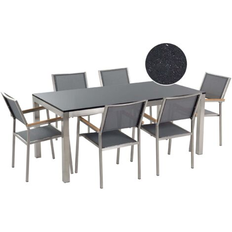 Set da Pranzo Tavolo con Piano in Granito Nero 6 Sedie Grigie 180 x 90 cm Grosseto