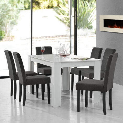 Set da Pranzo Tavolo Rettangolare con 6 Sedie Imbottite - Bianco/Grigio [en.casa]