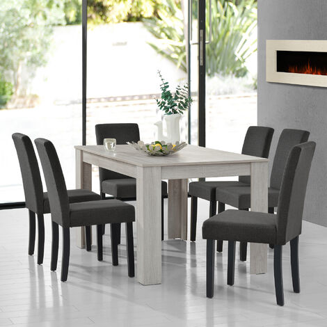 Set da Pranzo Tavolo Rettangolare con 6 Sedie Imbottite - Effetto Rovere/Grigio [en.casa]