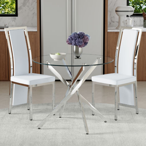 Set da pranzo vetro temperato trasparente e PU bianco/argento, tavolo rotondo 88x75 cm con 2 sedie