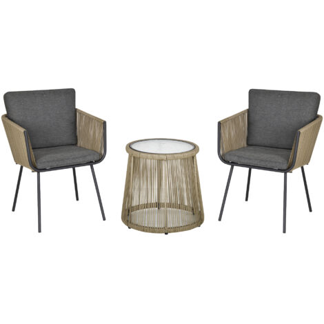 Set da salotto composto da 3 pezzi: 2 sedie, tavolino, cuscini per seduta e schienale, piano del tavolo in vetro temperato, rattan sintetico, grigio.