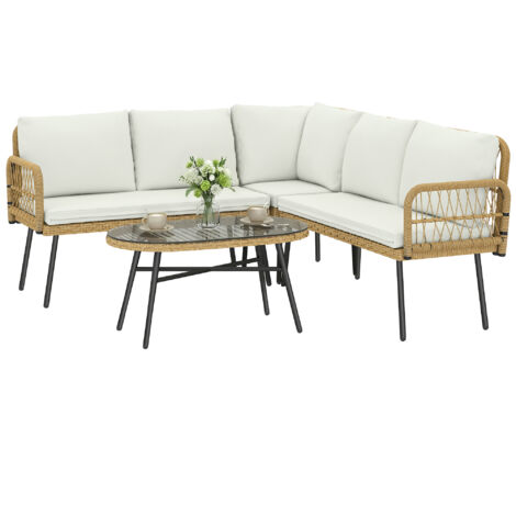 Set da salotto da giardino composto da 4 pezzi con 2 divani a due posti, angolo e tavolino, in acciaio e rattan, legno e crema.
