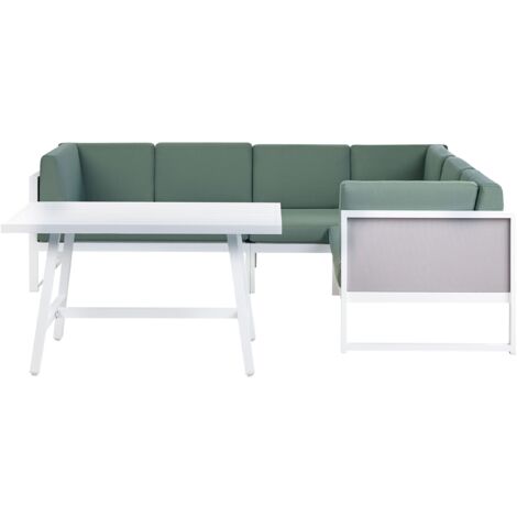 Set da salotto da giardino con tavolino bianco in alluminio bianco con cuscini verdi e tavolino Castella/Fratte