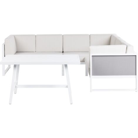 Set da salotto da giardino con tavolino bianco in alluminio bianco sporco con cuscini e tavolino Castella/Fratte
