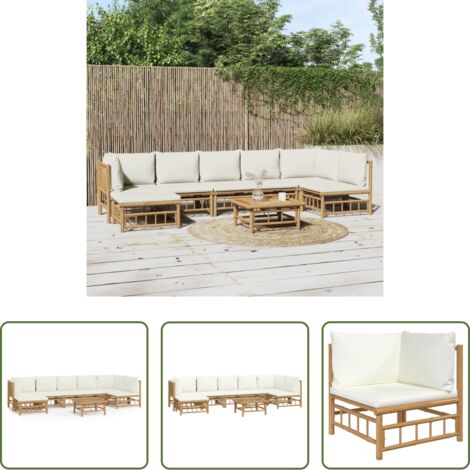 Set da salotto esterno -  Set Salotto da Giardino 8pz con Cuscini Bianco Crema in Bambù