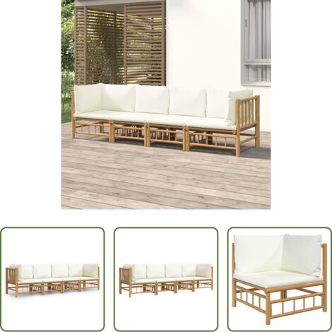 Set da salotto -  Set Salotto da Giardino 4pz con Cuscini Bianco Crema in Bambù