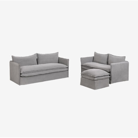 Set da soggiorno con divano a 2 posti, divano a 3 posti e pouf in lino e cotone Grace SKLUM            