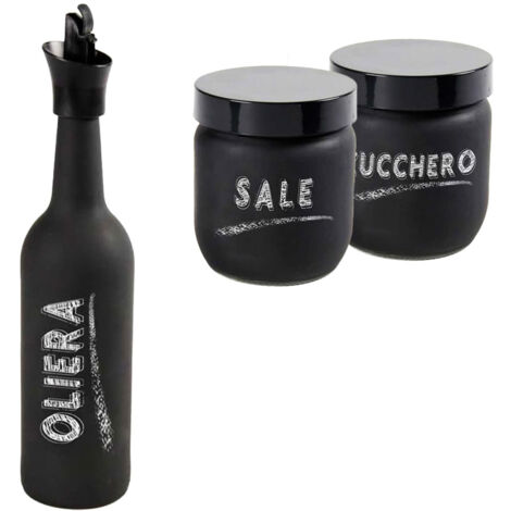 SET DA TAVOLA CON OLIERA. BARATTOLO DI SALE E ZUCCHERO IN VETRO SATINATO NERO
