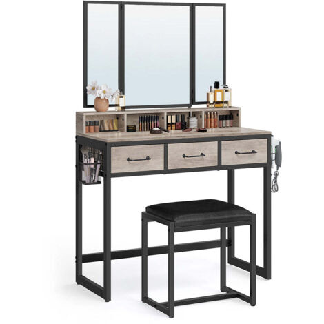 Set da toeletta 90 x 40 x 141 cm con sgabello imbottito specchio triplo 3 cassetti porta asciugacapelli stile industriale marrone rustico e nero 120005418