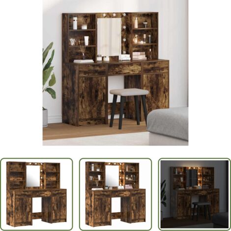 Set da trucco con cassetto -  Set da tavolo da trucco con LED con cassetto 3 pcs Rovere fumé