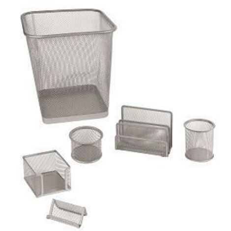 Set da Ufficio Lebez 1426-S: 6 Pezzi in Metallo con Cestino Gettacarte Colore Silver