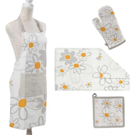 SET DAISY DA CUCINA IN TESSUTO CON STROFINACCIO. PRESINA. GUANTO E GREMBIULE