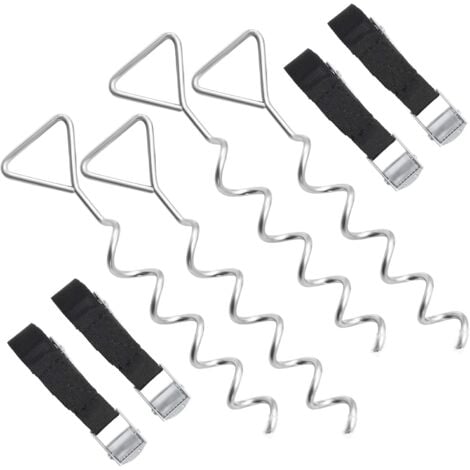 Set d'ancrage pour Trampoline, Lot de 4, Ancrage au Sol, Piquets d'ancrage Spiralés, 4 Sardines et 4 Sangles, Chevilles, Accessoire de Fixation pour Balançoire, Argent et Noir SGN15INV1