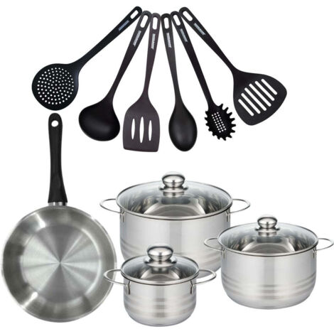 Set de 1 poêle 24 cm en inox, 3 faitouts 16, 20 et 24 cm et 6 ustensiles RPET Fackelmann Geneva