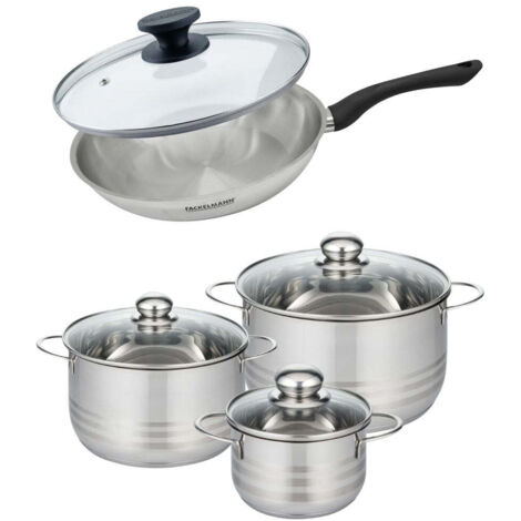 Set de 1 poêle 28 cm en inox et couvercle, 3 faitouts inox 16, 20 et 24 cm Fackelmann Geneva
