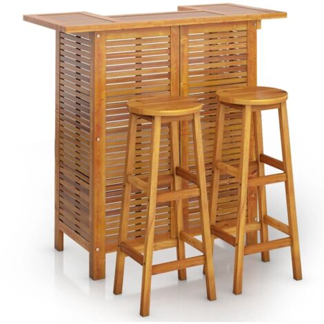 Set de 1 Table + 2 Tabourets de bar de jardin  Ensemble Table et Chaises Bois d'acacia solide 25968